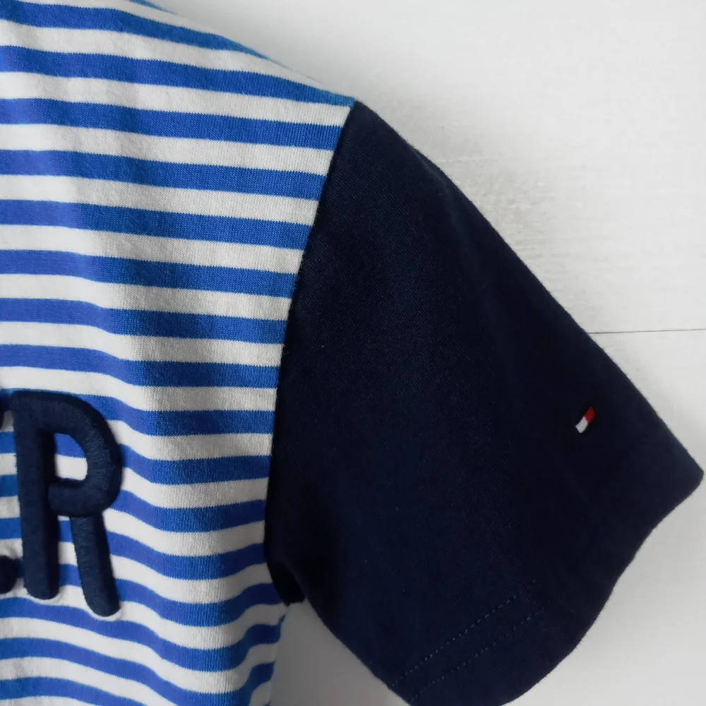 Tommy Hilfiger boys size 5 royal blue white striped, raised stitched letter logo